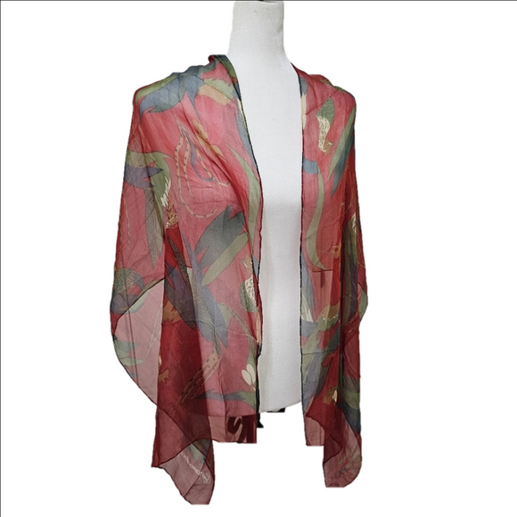 Accessories - Chiffon Scarf Vintage Red Rooster Print Very Light And Airy Womens Retro